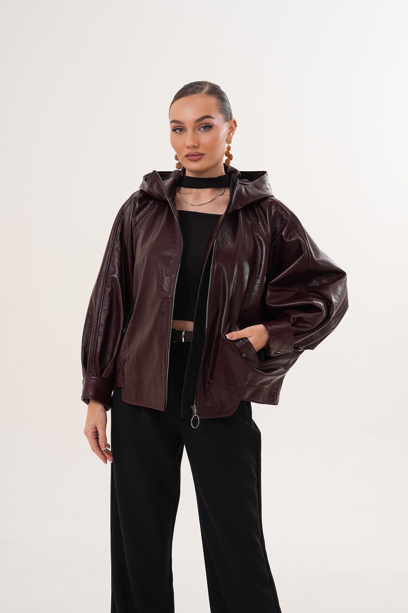 The Marvella Burgundy Leather Jacket On Sale
