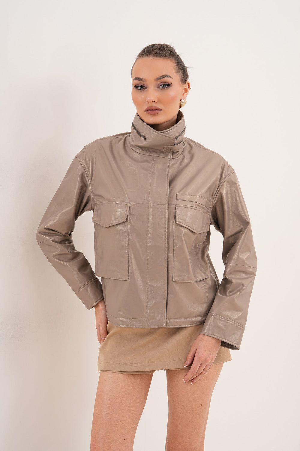 The Ravelyn Taupe Leather Jacket For Sale