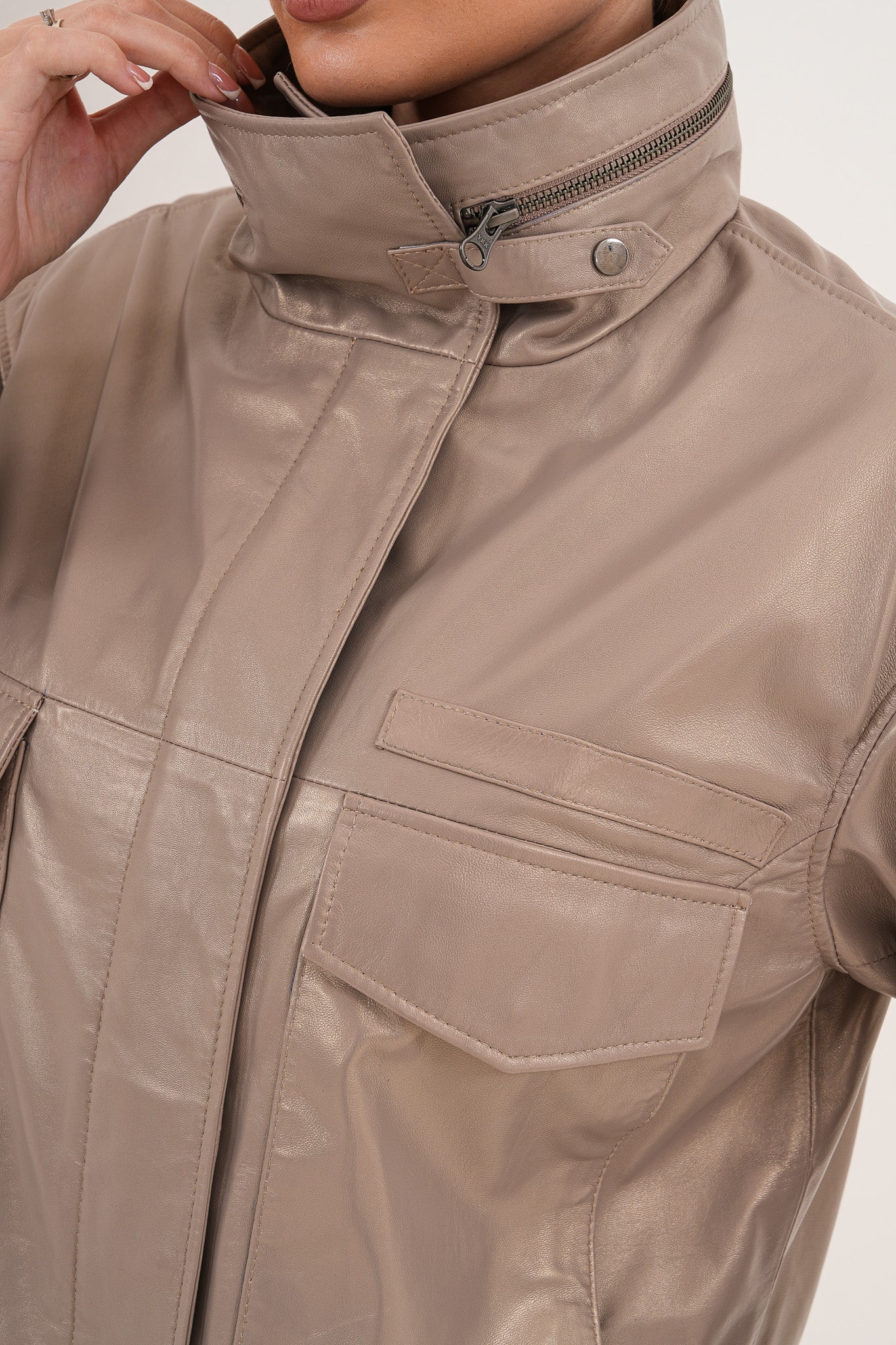 The Ravelyn Taupe Leather Jacket For Sale