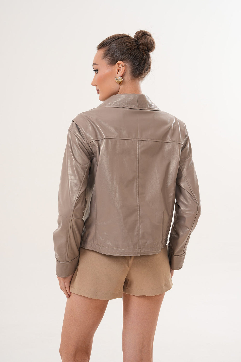 The Ravelyn Taupe Leather Jacket For Sale