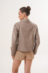 The Ravelyn Taupe Leather Jacket For Sale