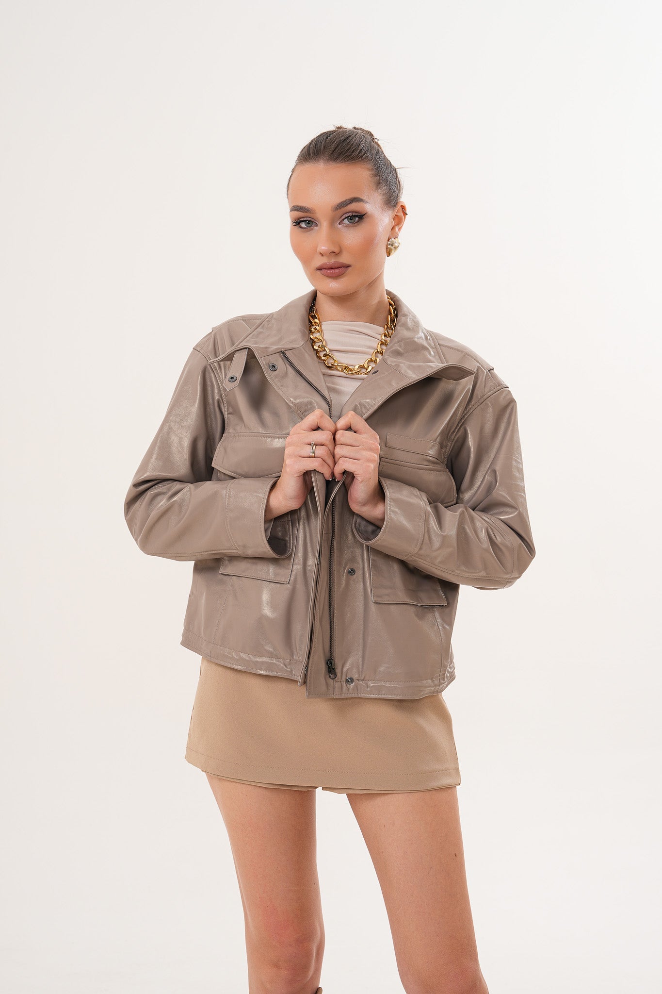 The Ravelyn Taupe Leather Jacket For Sale