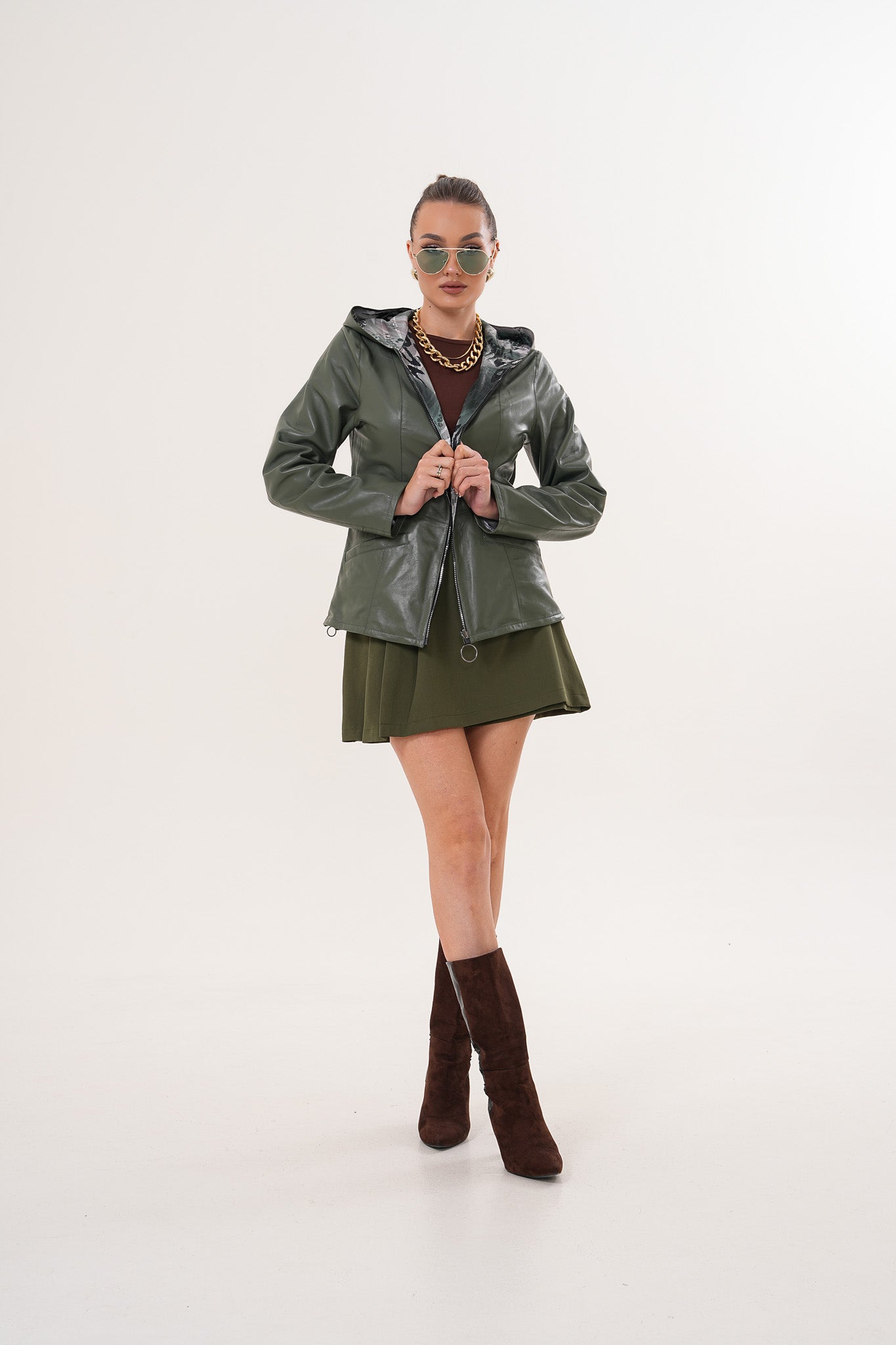 The Avelyn Reversible Olive Green Leather Jacket Universal Fit