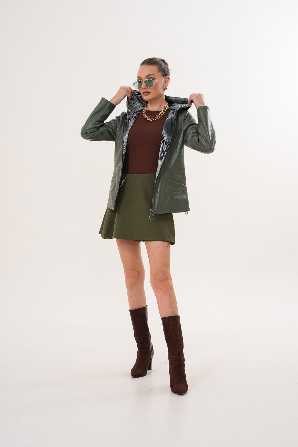The Avelyn Reversible Olive Green Leather Jacket Universal Fit