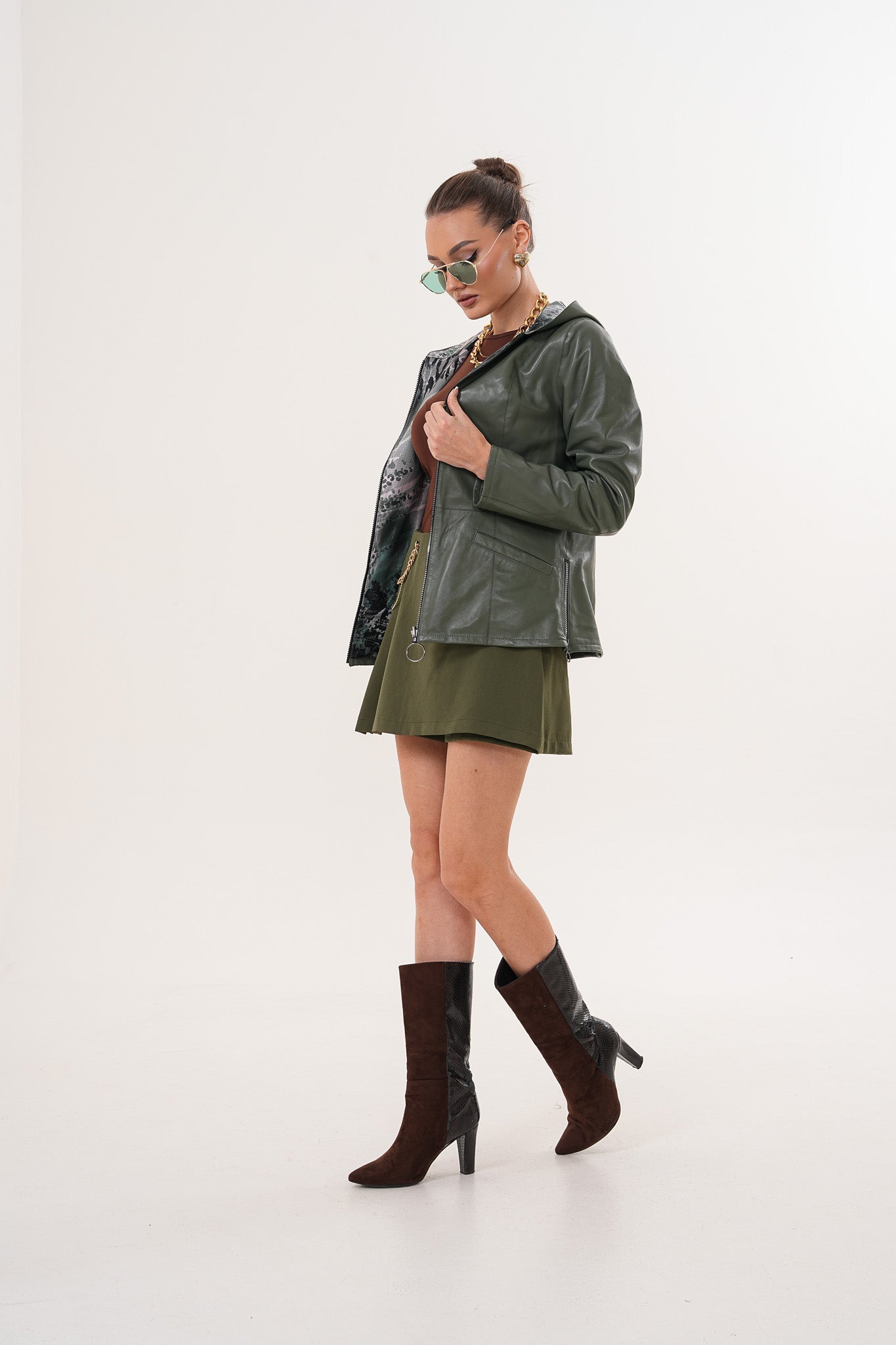 The Avelyn Reversible Olive Green Leather Jacket Universal Fit