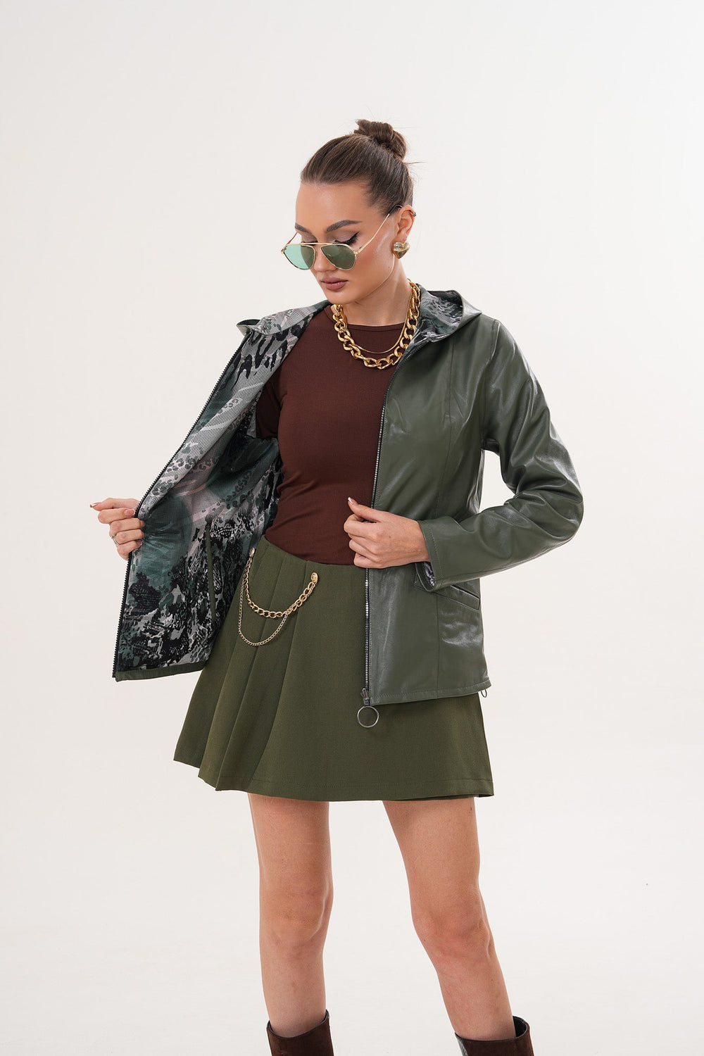 The Avelyn Reversible Olive Green Leather Jacket Universal Fit