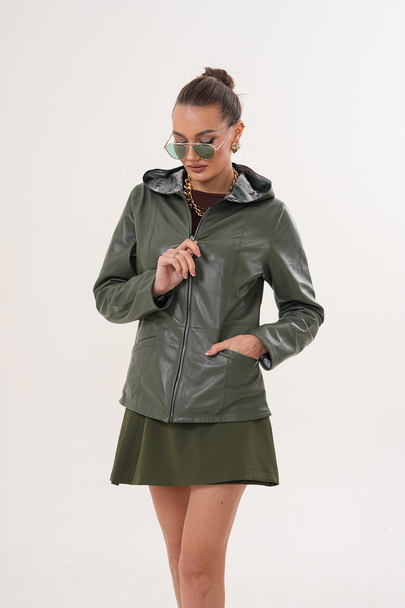 The Avelyn Reversible Olive Green Leather Jacket Universal Fit