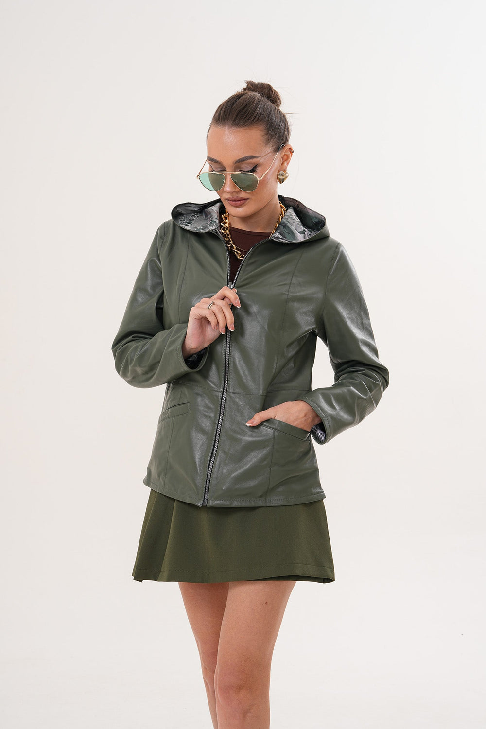 The Avelyn Reversible Olive Green Leather Jacket Universal Fit