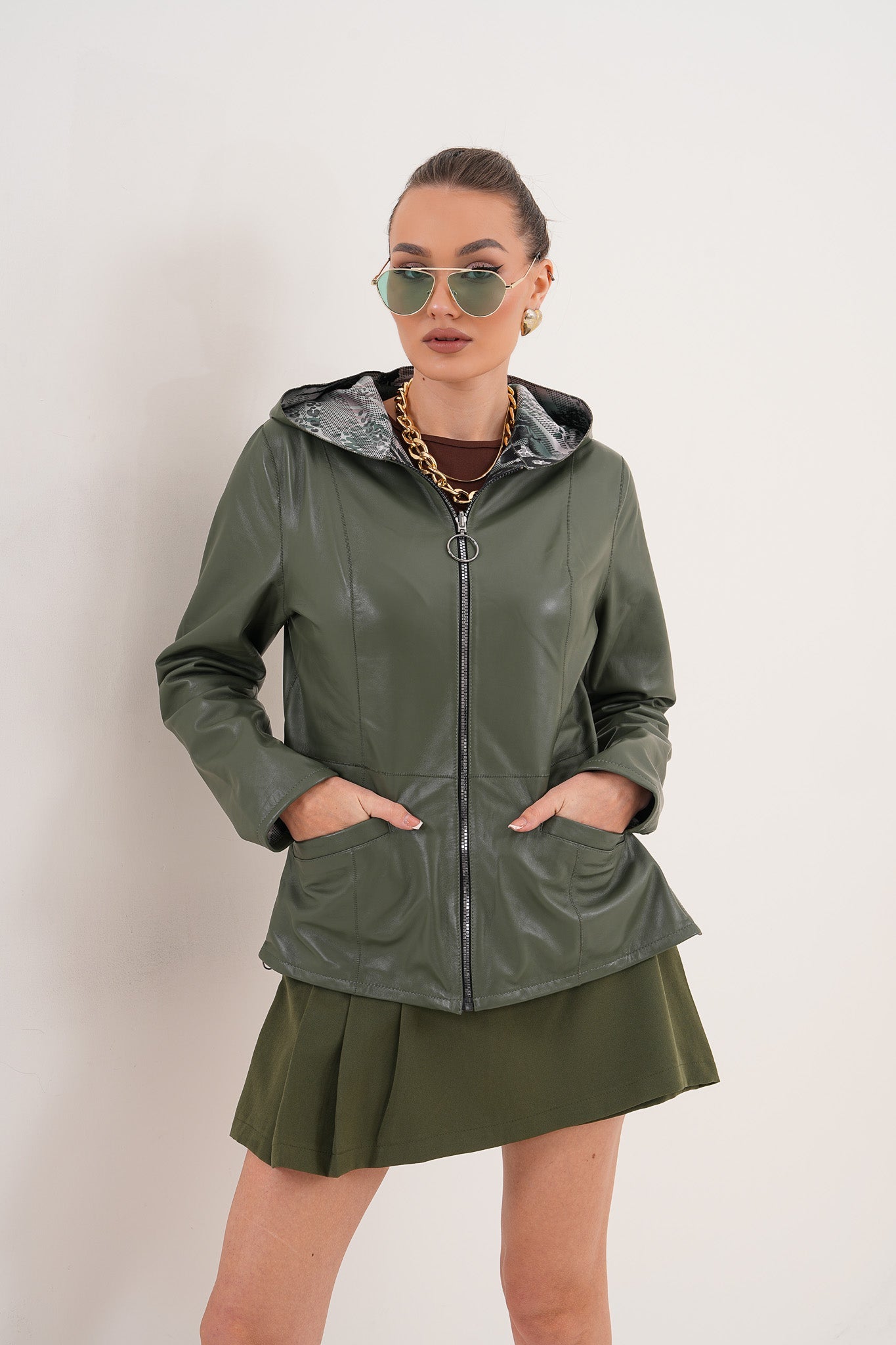 The Avelyn Reversible Olive Green Leather Jacket Universal Fit