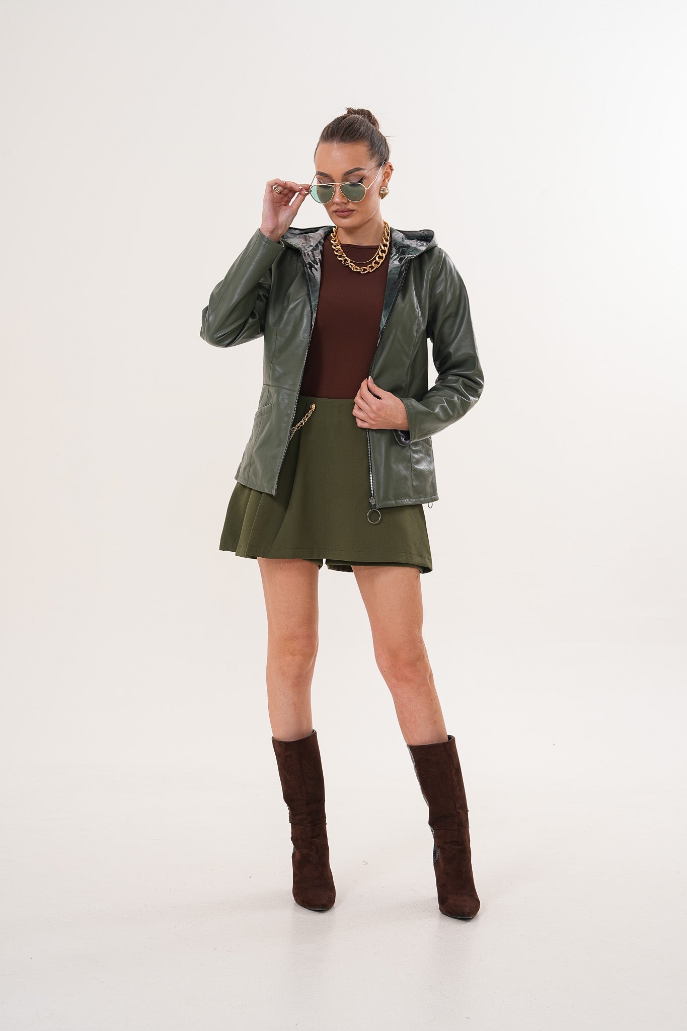 The Avelyn Reversible Olive Green Leather Jacket Universal Fit