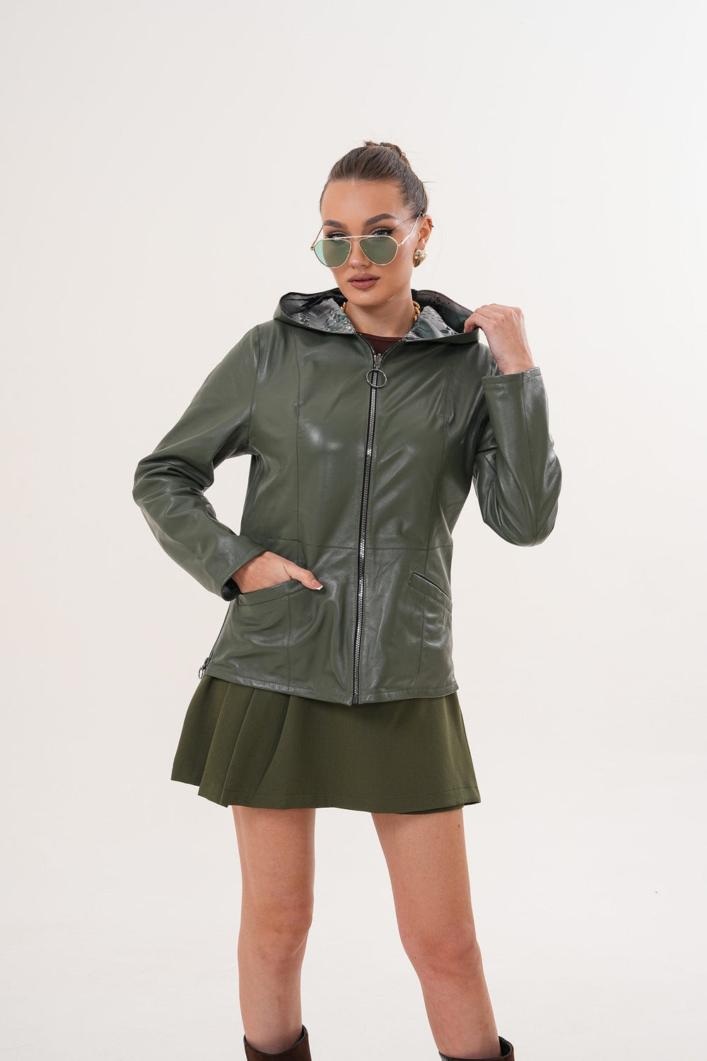 The Avelyn Reversible Olive Green Leather Jacket Universal Fit
