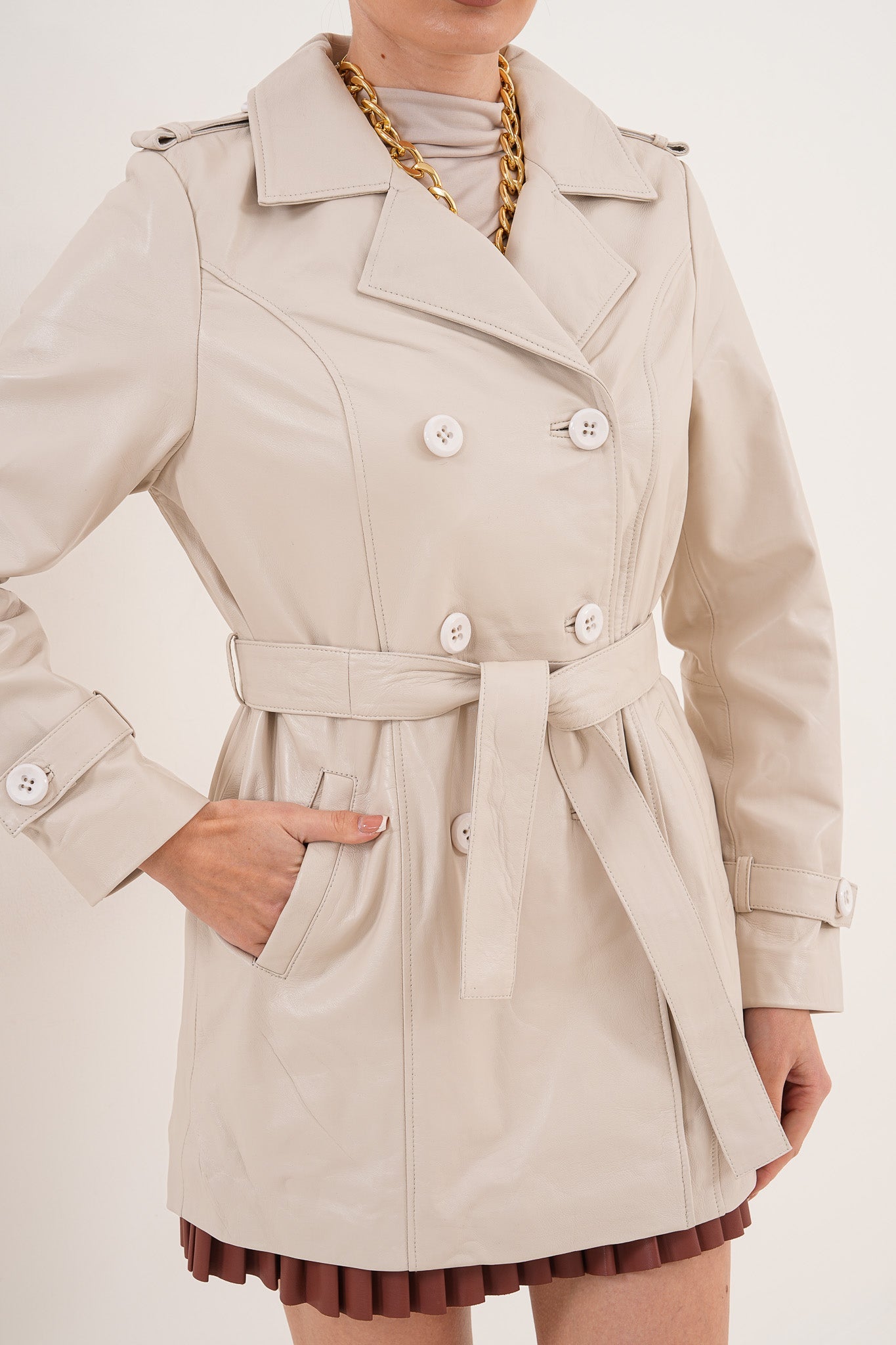 The Caelith Light Beige Leather Trench Jacket Fine Craftsmanship