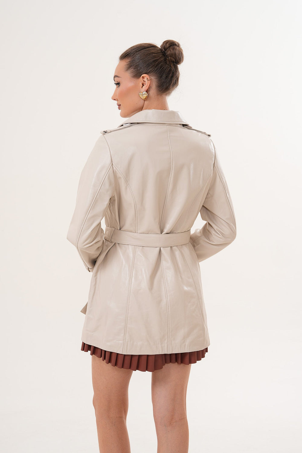 The Caelith Light Beige Leather Trench Jacket Fine Craftsmanship