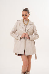 The Caelith Light Beige Leather Trench Jacket Fine Craftsmanship