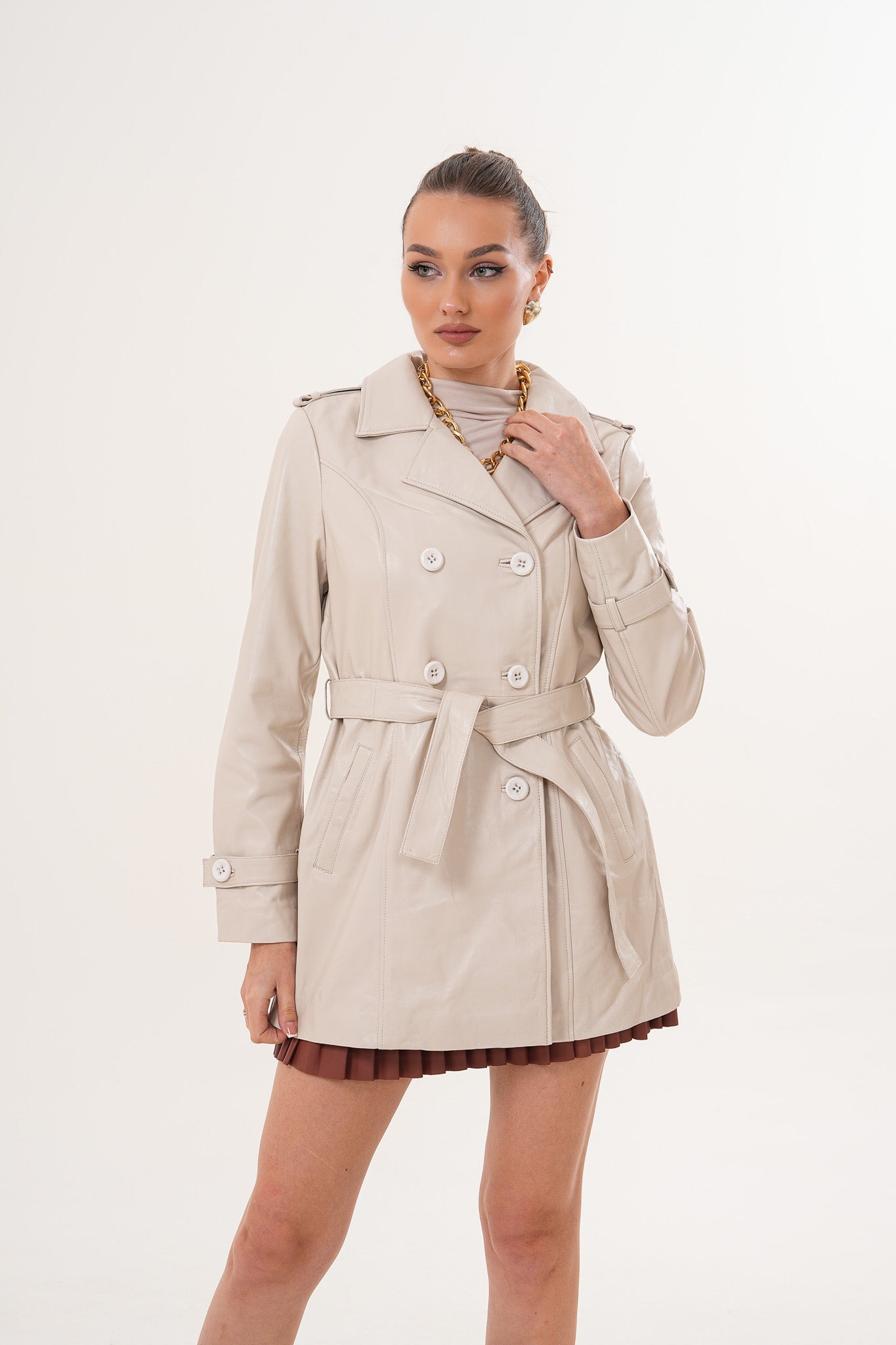 The Caelith Light Beige Leather Trench Jacket Fine Craftsmanship