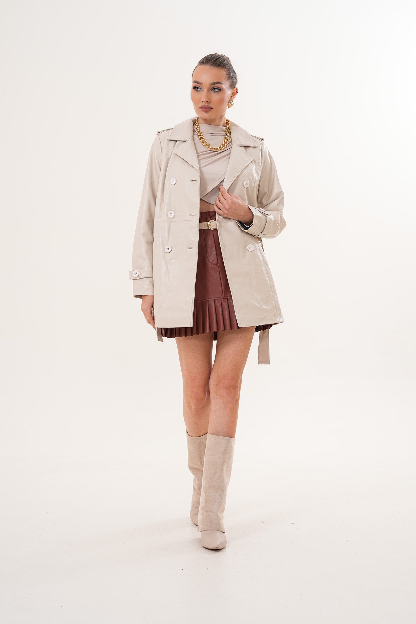 The Caelith Light Beige Leather Trench Jacket Fine Craftsmanship