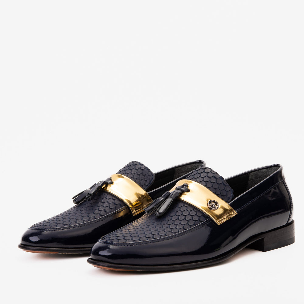 The Imperial Navy Blue Gold Leather Dress Shoe For Sale
