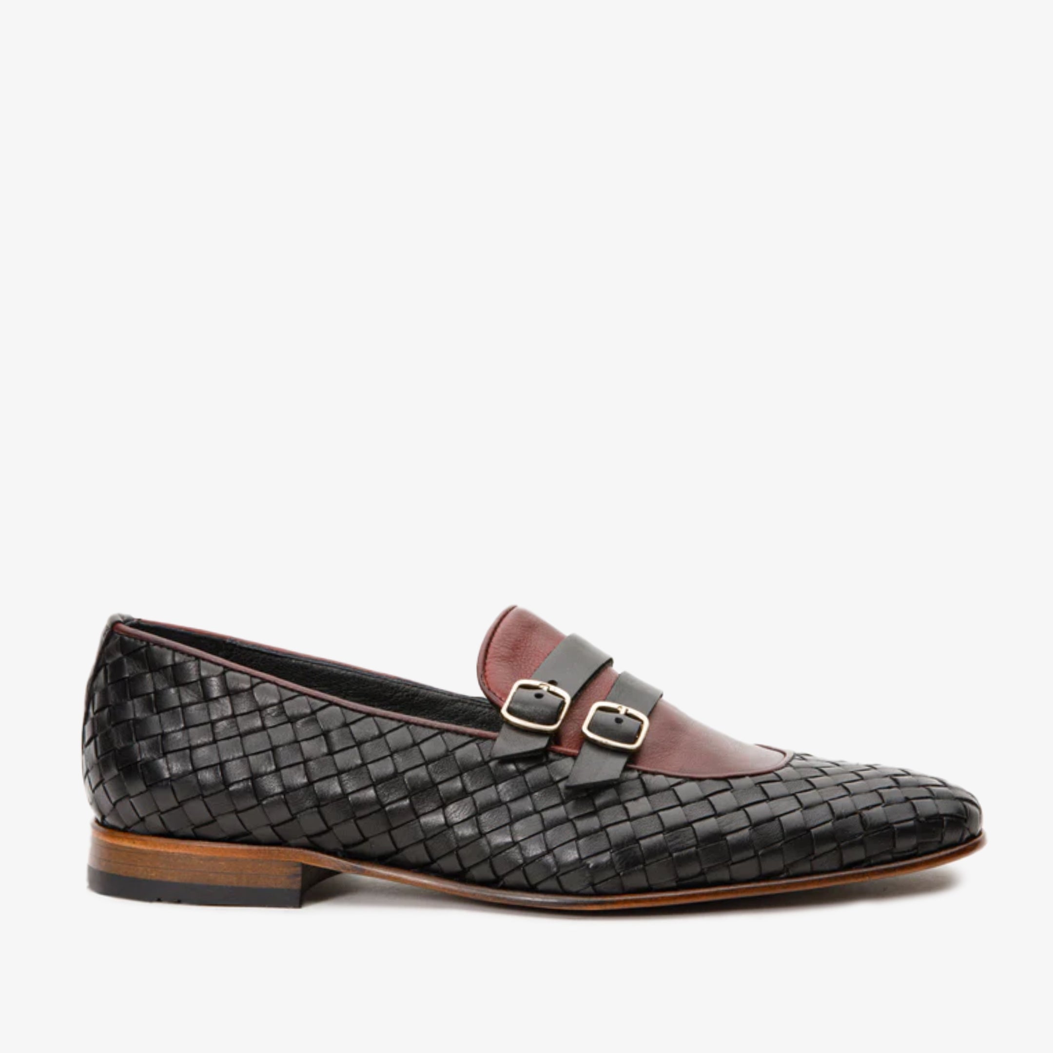 The Vatra Black Burgundy Woven Double Monk Strap Shoe All New