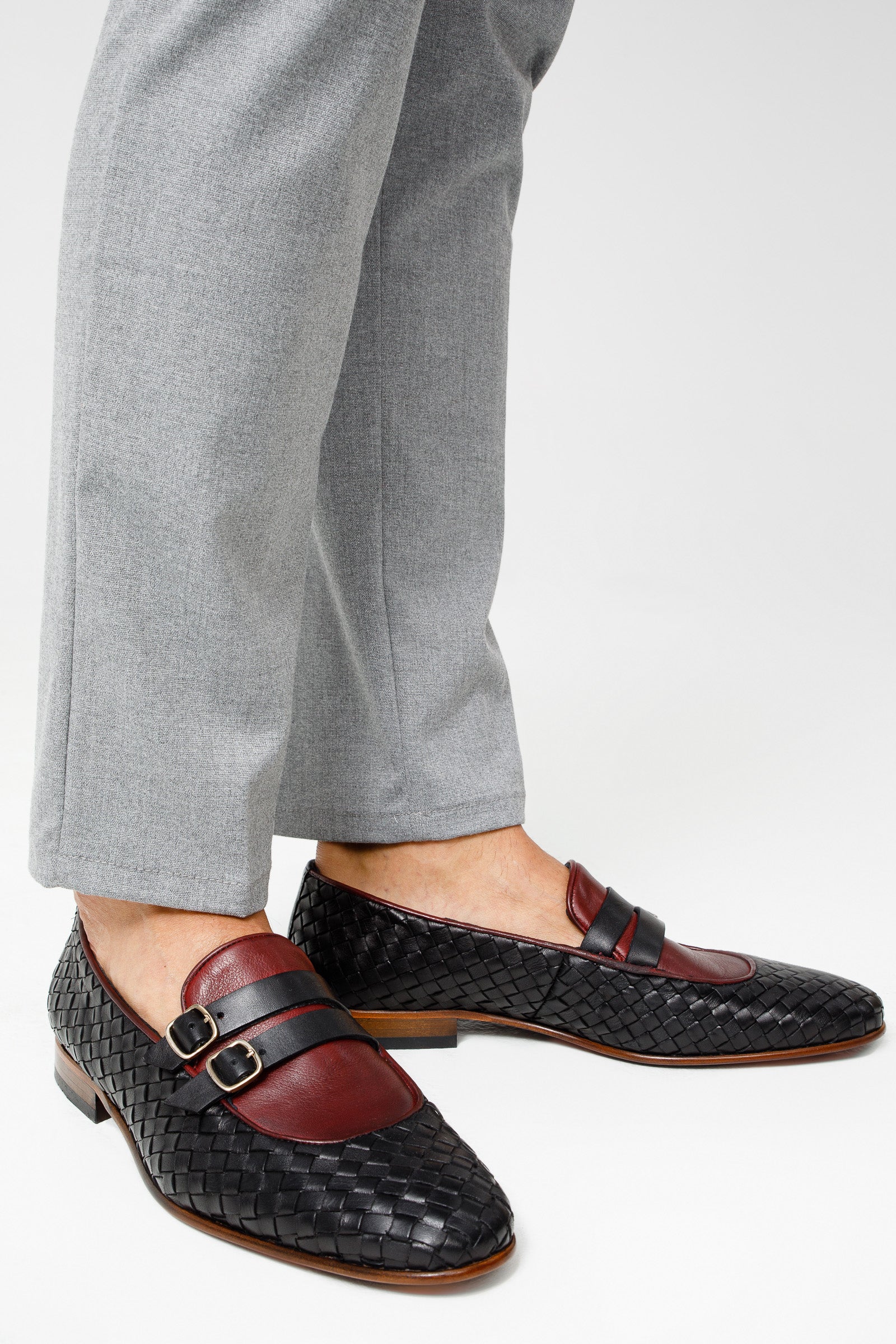 The Vatra Black Burgundy Woven Double Monk Strap Shoe All New