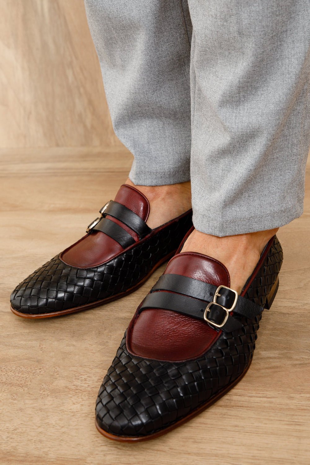 The Vatra Black Burgundy Woven Double Monk Strap Shoe All New
