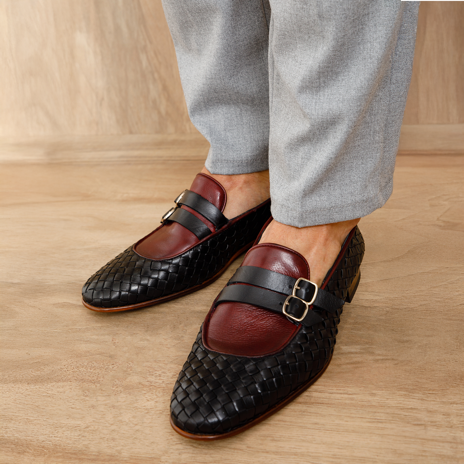 The Vatra Black Burgundy Woven Double Monk Strap Shoe All New