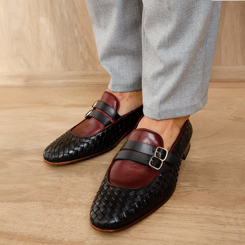 The Vatra Black Burgundy Woven Double Monk Strap Shoe All New