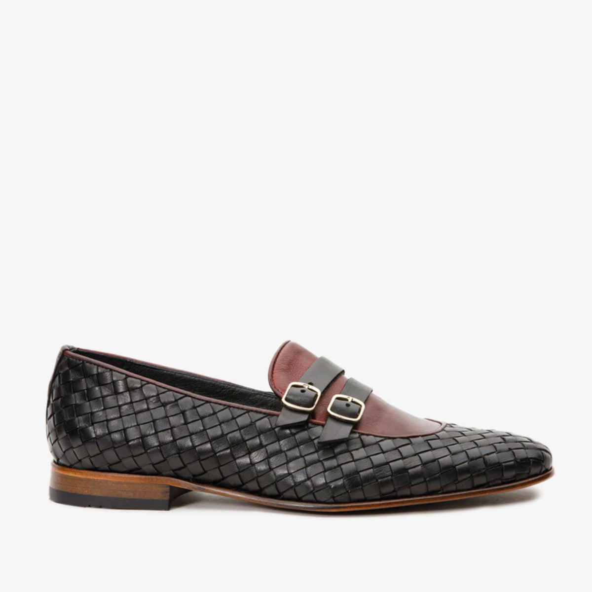 The Vatra Black Burgundy Woven Double Monk Strap Shoe All New