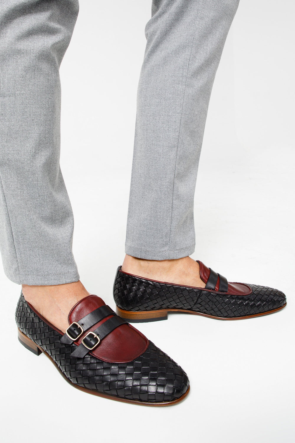 The Vatra Black Burgundy Woven Double Monk Strap Shoe All New