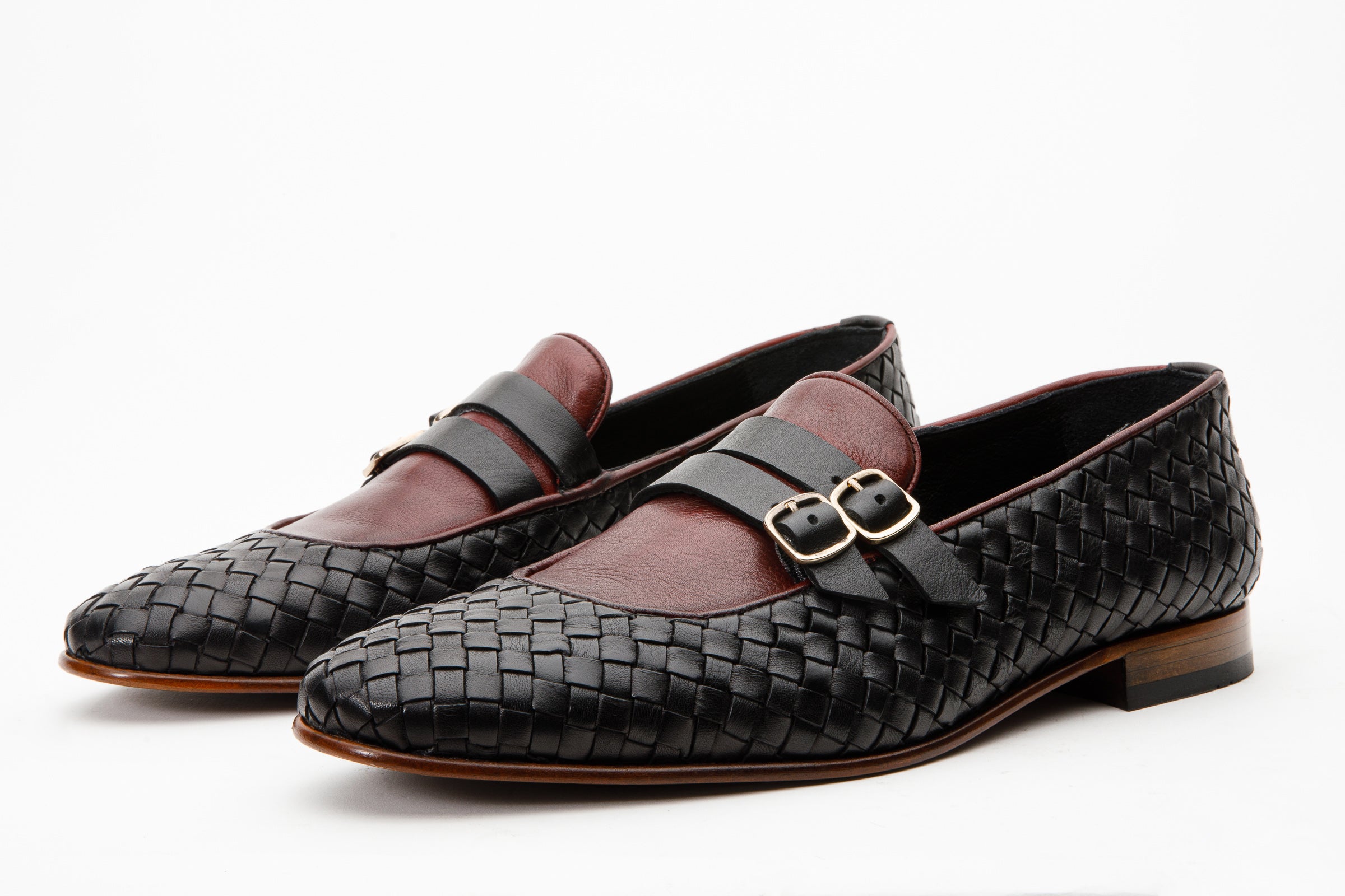 The Vatra Black Burgundy Woven Double Monk Strap Shoe All New