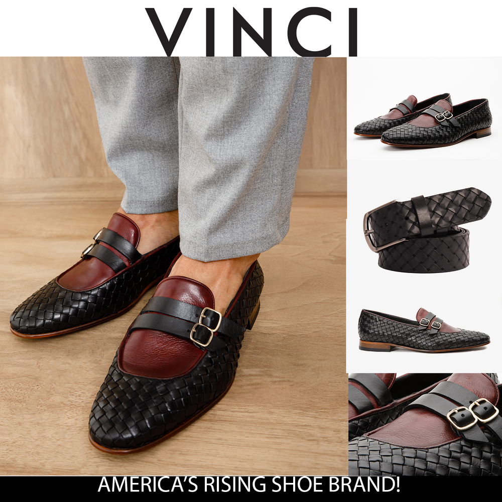 The Vatra Black Burgundy Woven Double Monk Strap Shoe All New