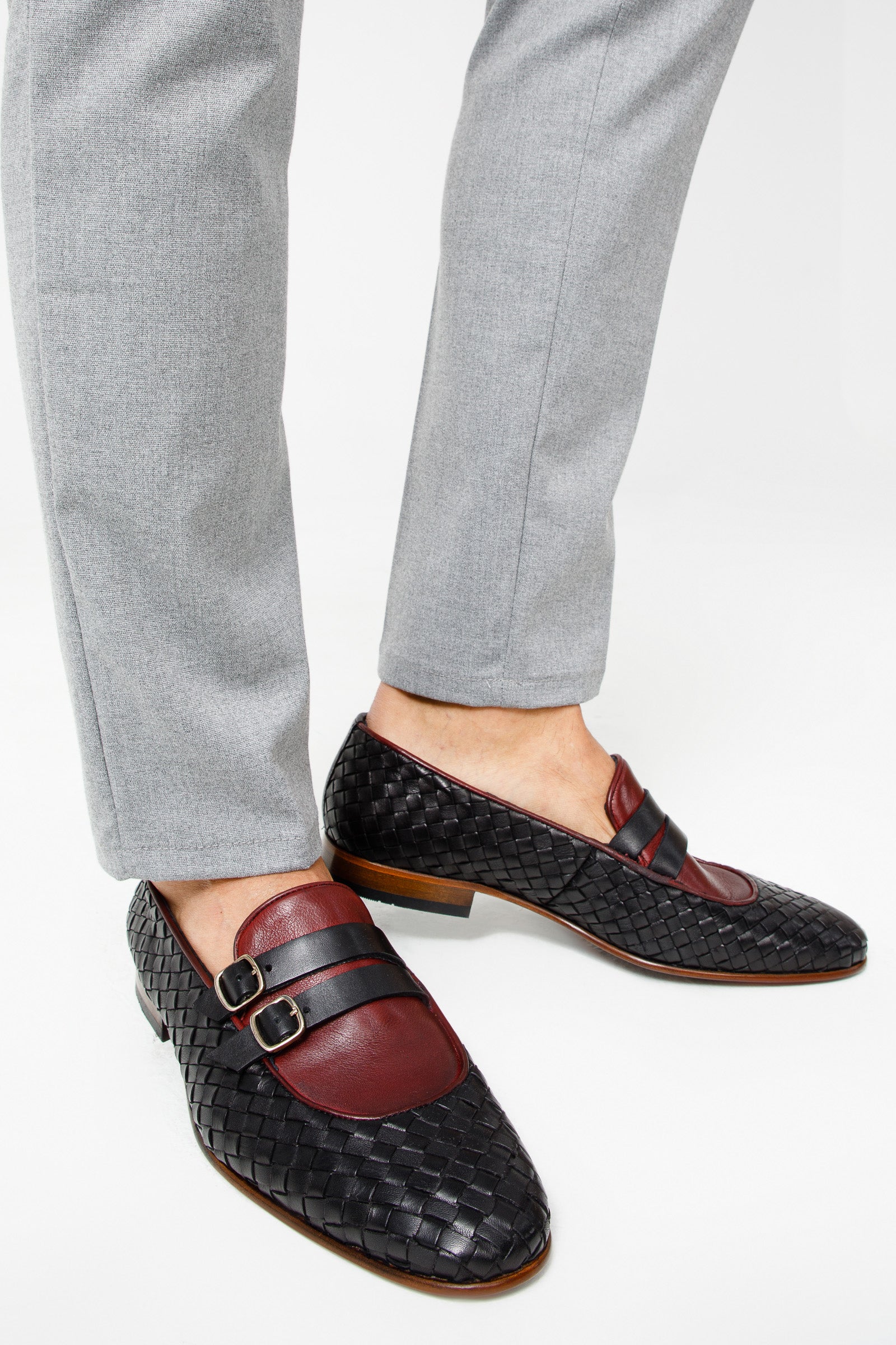 The Vatra Black Burgundy Woven Double Monk Strap Shoe All New