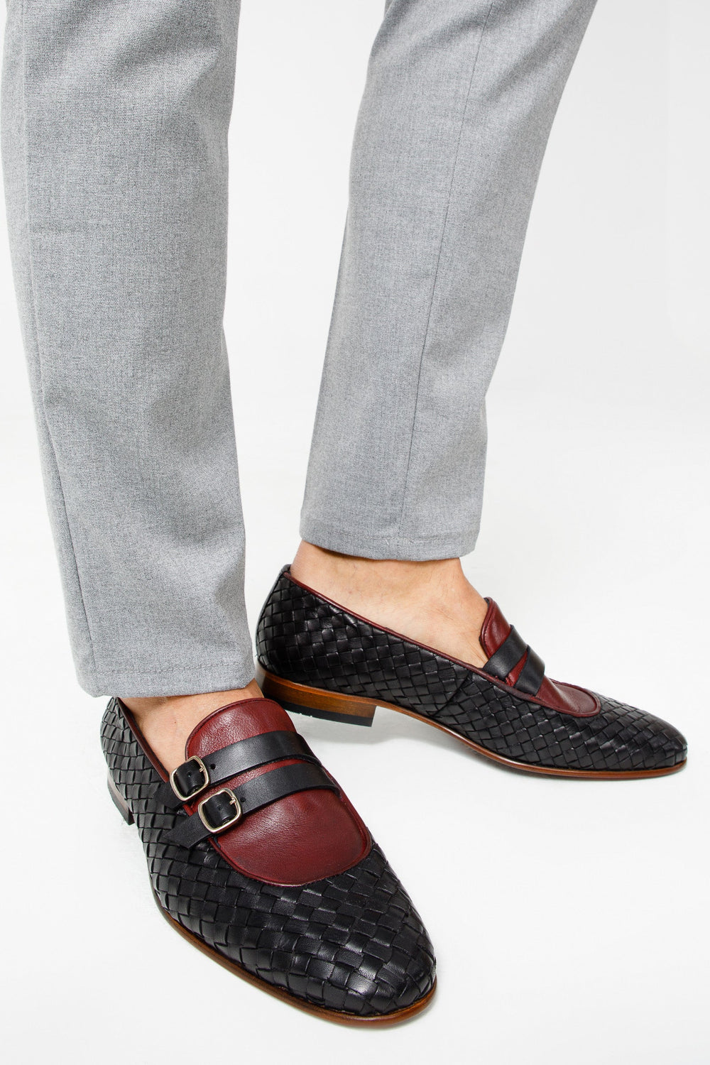 The Vatra Black Burgundy Woven Double Monk Strap Shoe All New