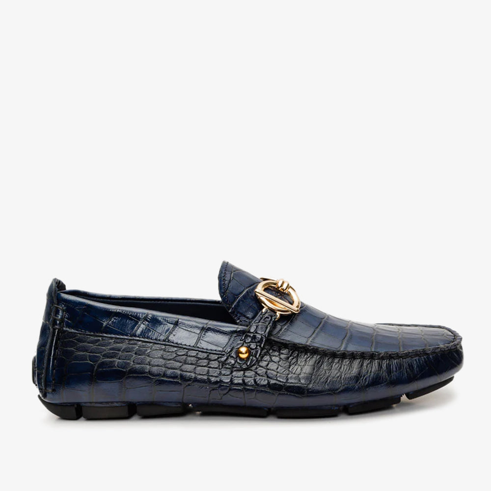 The Pisa Navy Blue Leather Bit Drive Loafer Shoe Universal Fit
