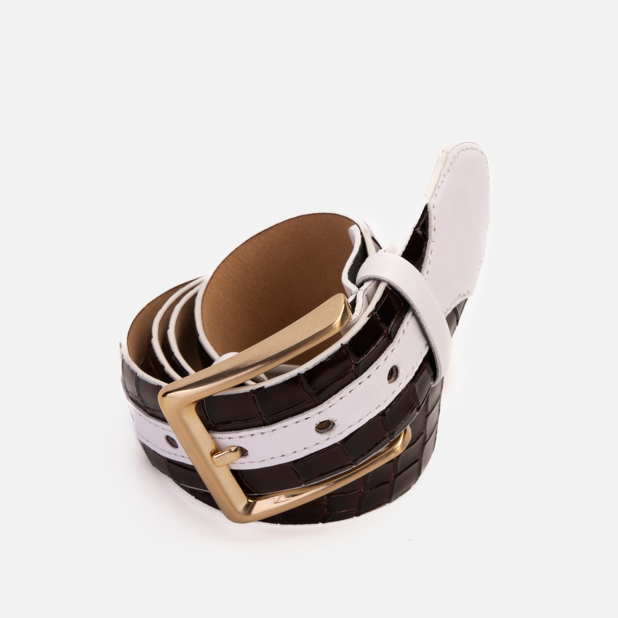 The Bellagio Brown White Leather Belt On Sale