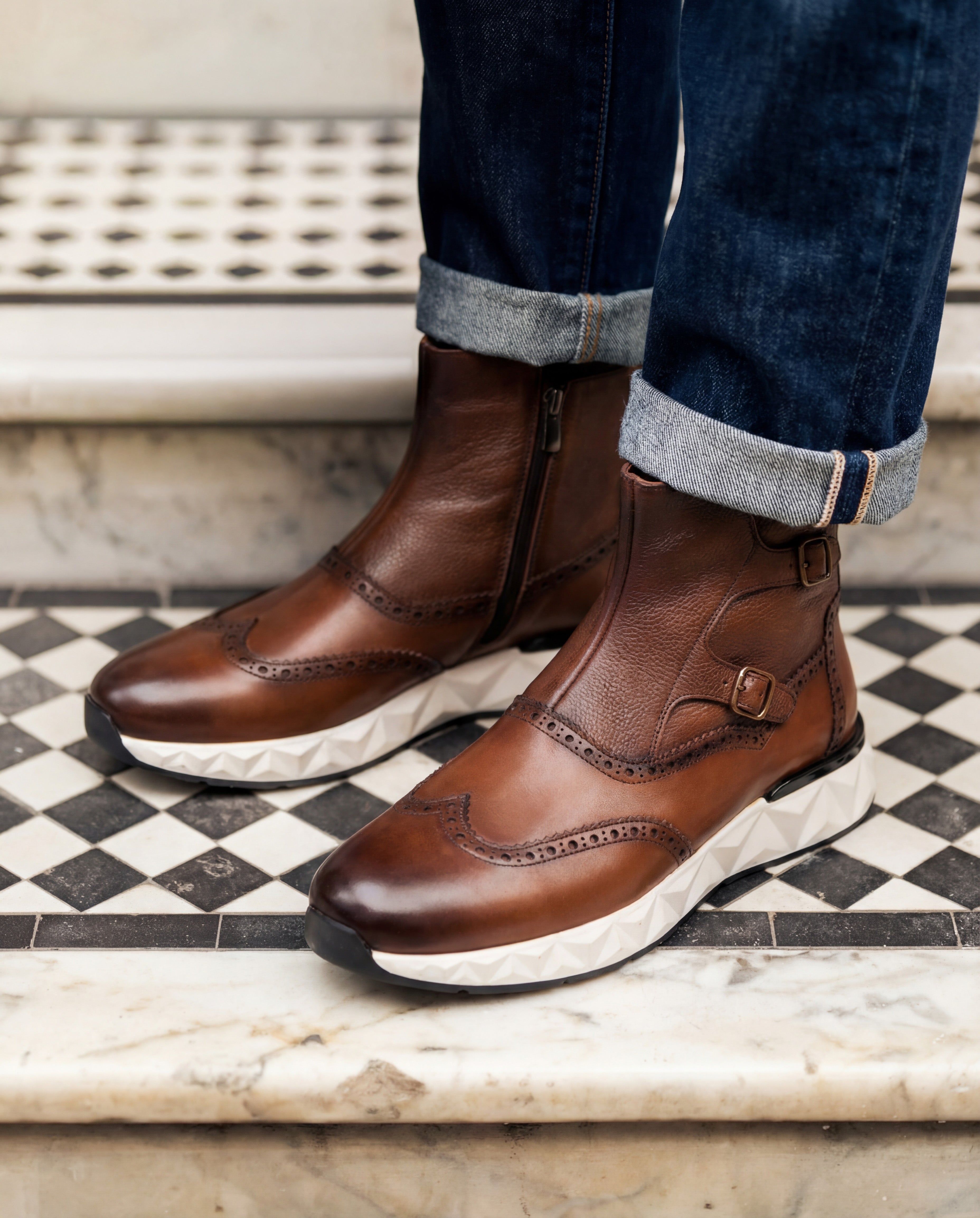 The Stealth Wingtip Buckle Tan Leather Boot For Sale