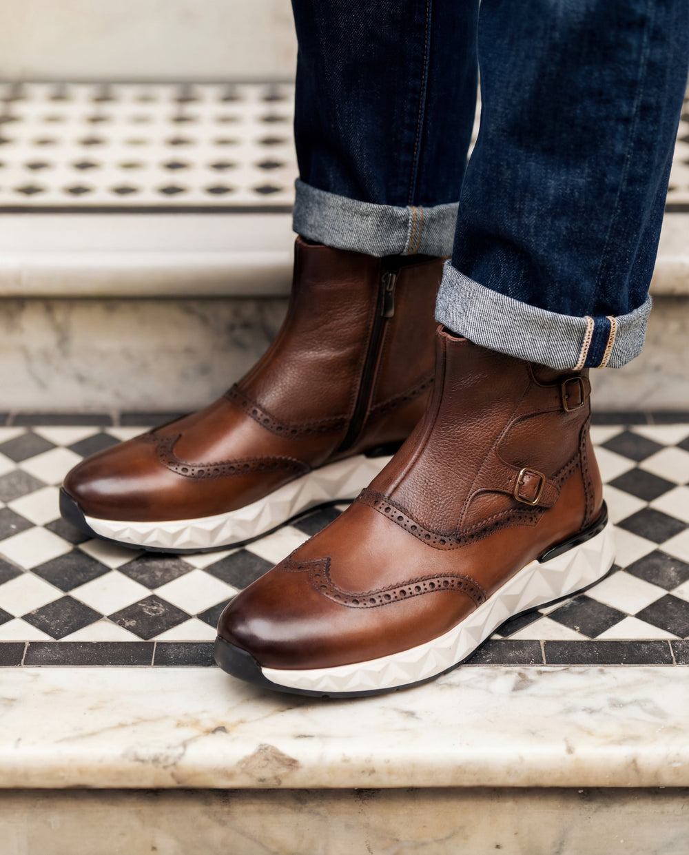 The Stealth Wingtip Buckle Tan Leather Boot For Sale