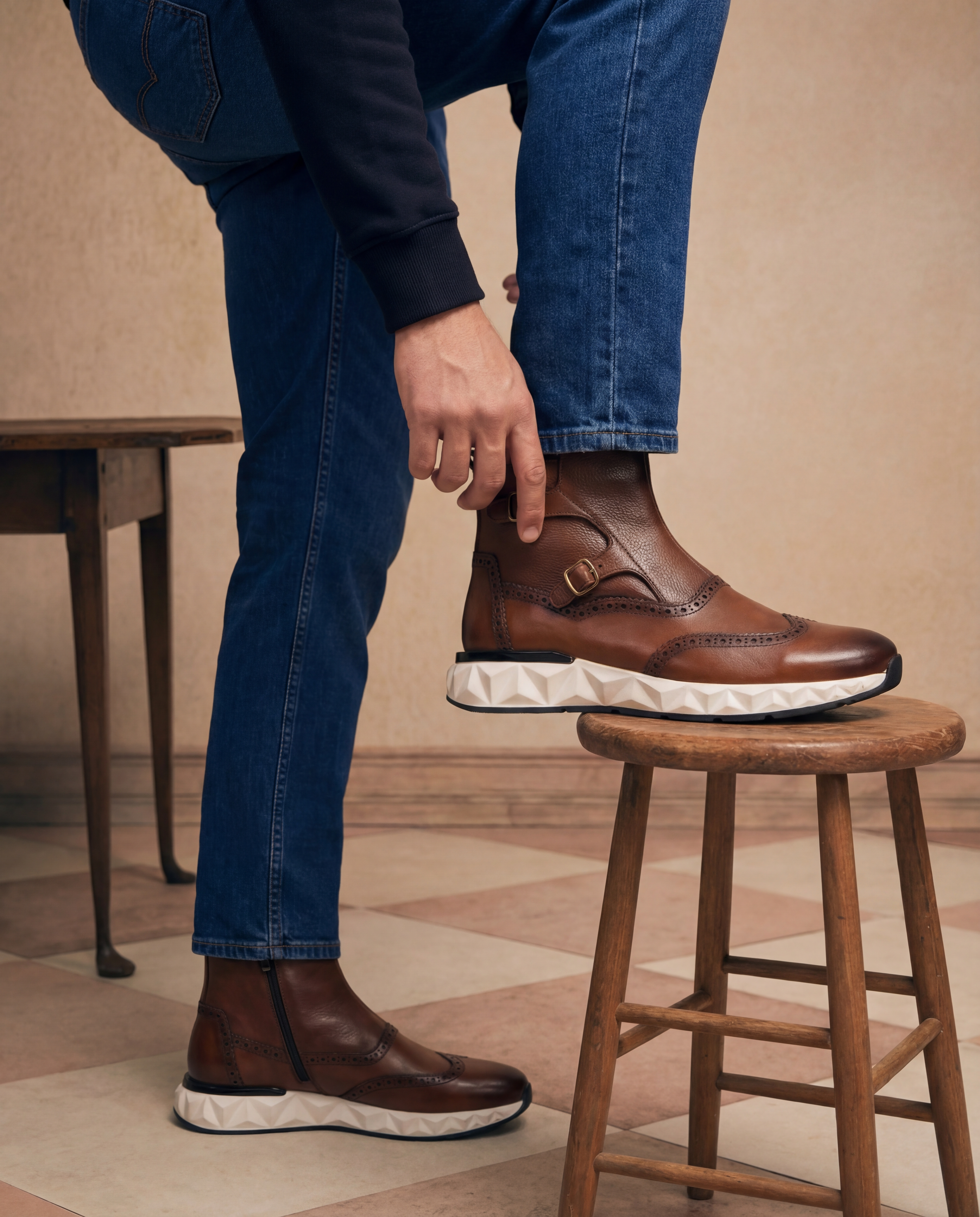 The Stealth Wingtip Buckle Tan Leather Boot For Sale