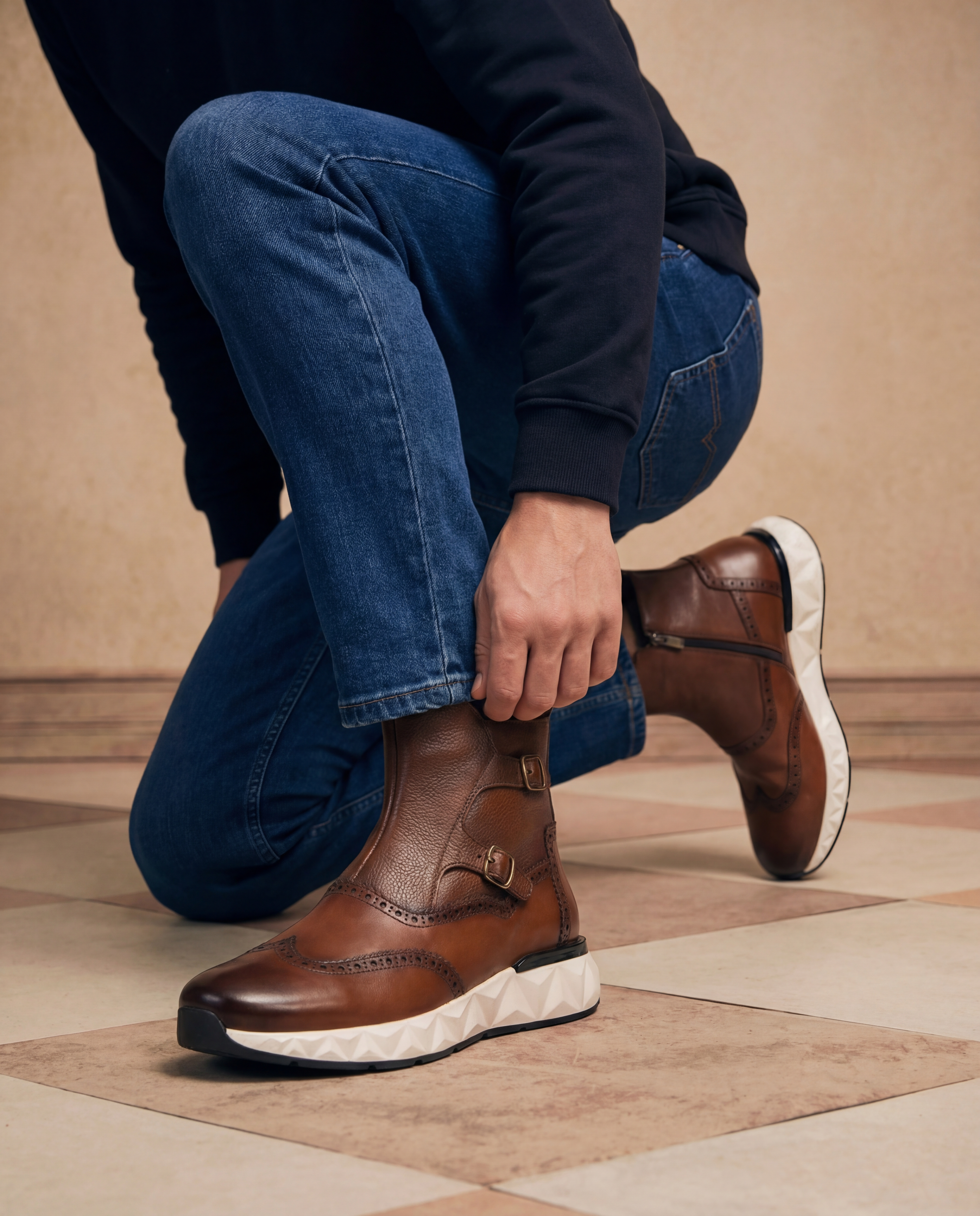 The Stealth Wingtip Buckle Tan Leather Boot For Sale