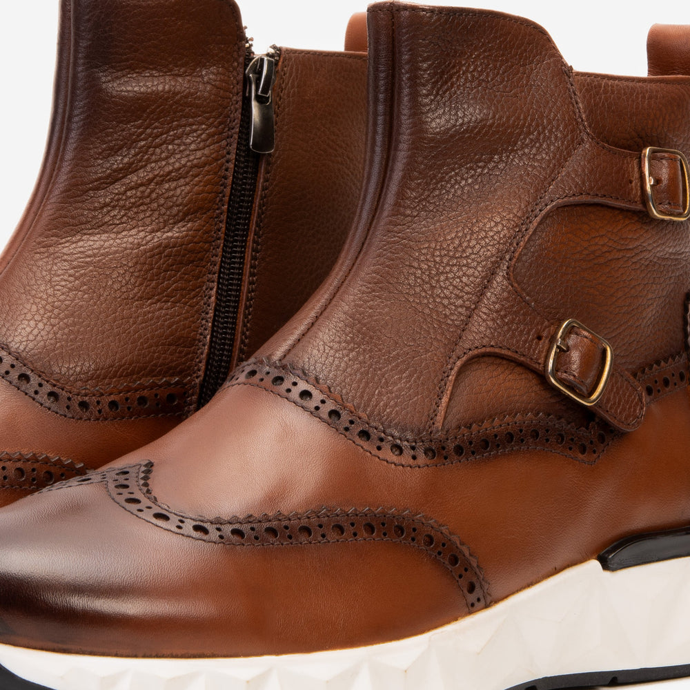 The Stealth Wingtip Buckle Tan Leather Boot For Sale