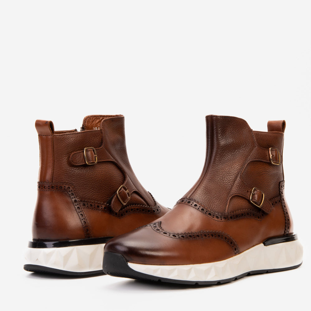 The Stealth Wingtip Buckle Tan Leather Boot For Sale