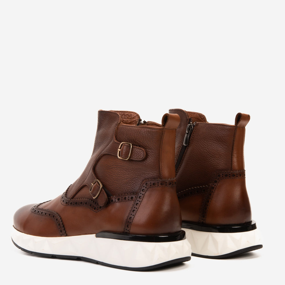 The Stealth Wingtip Buckle Tan Leather Boot For Sale