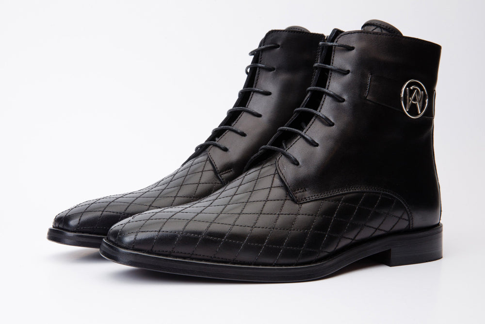 The Zeus Black Leather Lace-Up Boot with a Zipper On Sale