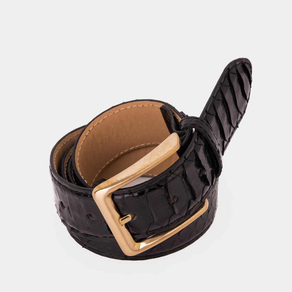 The Bethesda Black pythn Sneak Leather Belt For Sale
