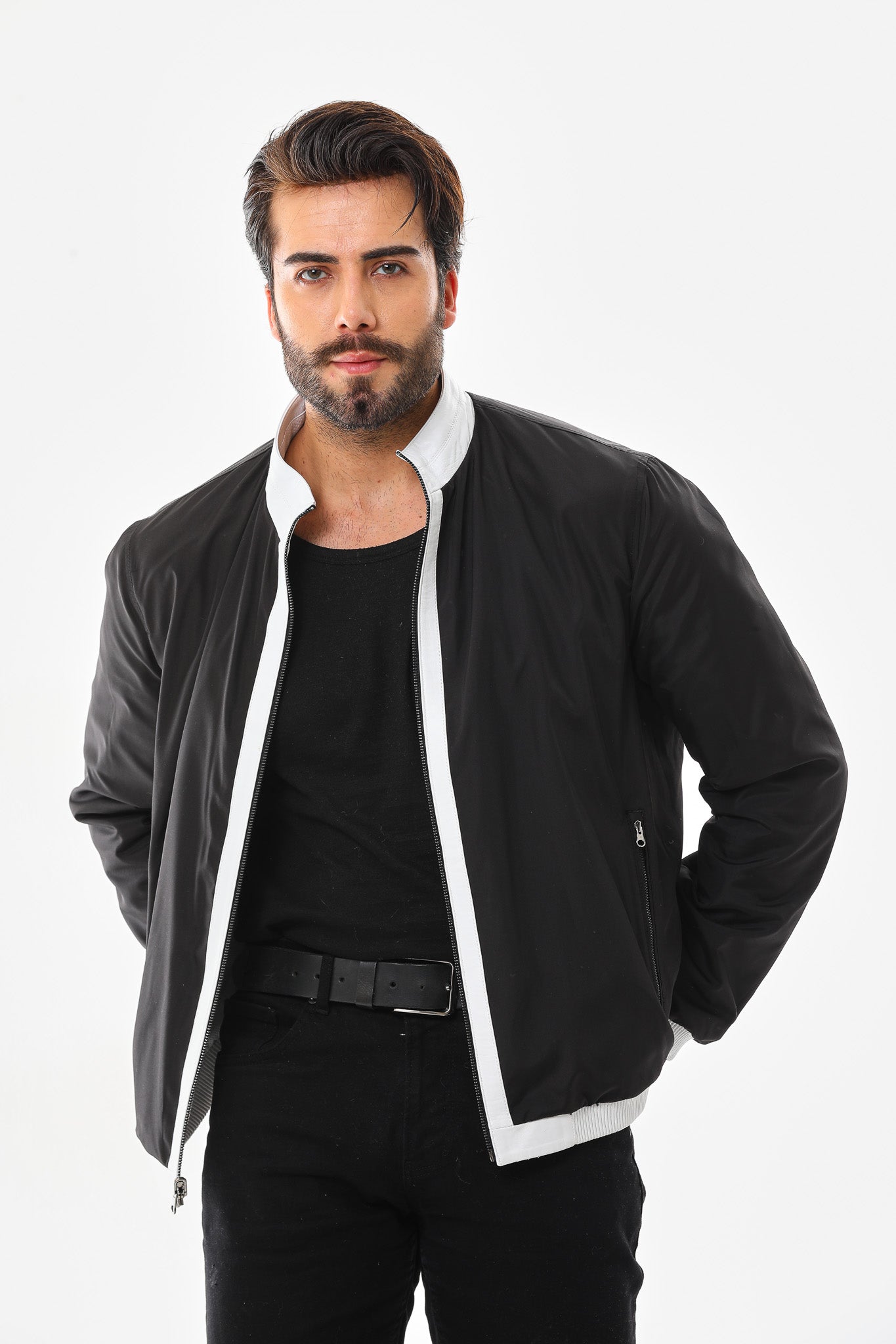 The Como Reversible White Black Leather Bomber Jacket Exclusive Style