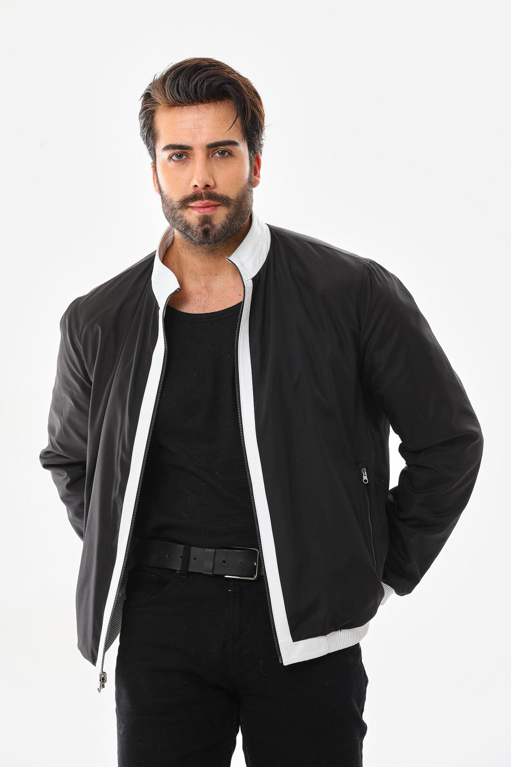 The Como Reversible White Black Leather Bomber Jacket Exclusive Style