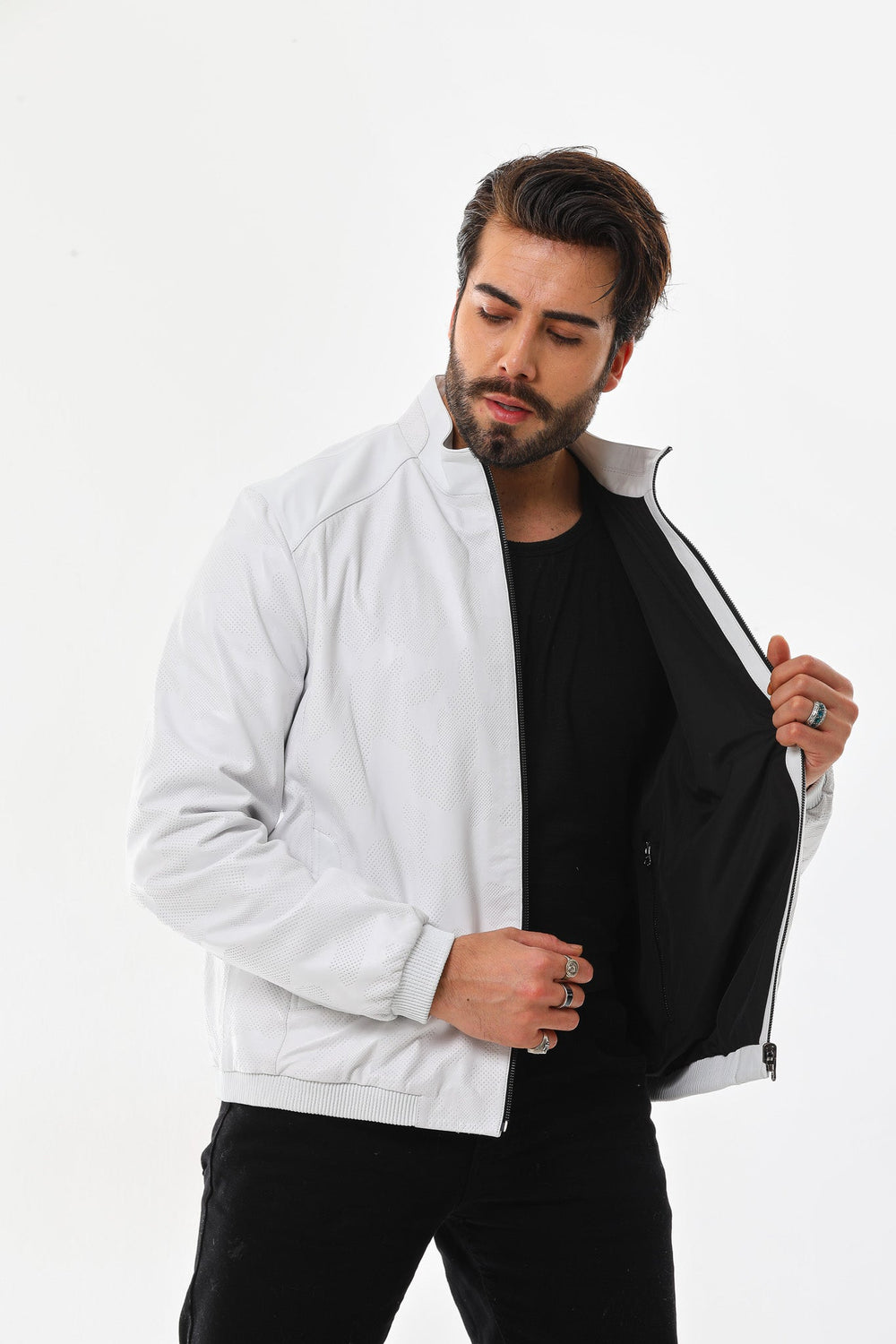 The Como Reversible White Black Leather Bomber Jacket Exclusive Style