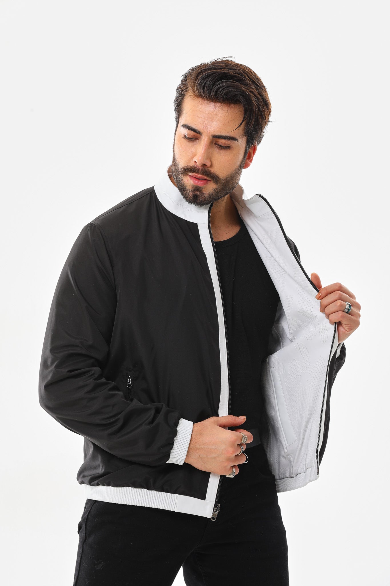 The Como Reversible White Black Leather Bomber Jacket Exclusive Style