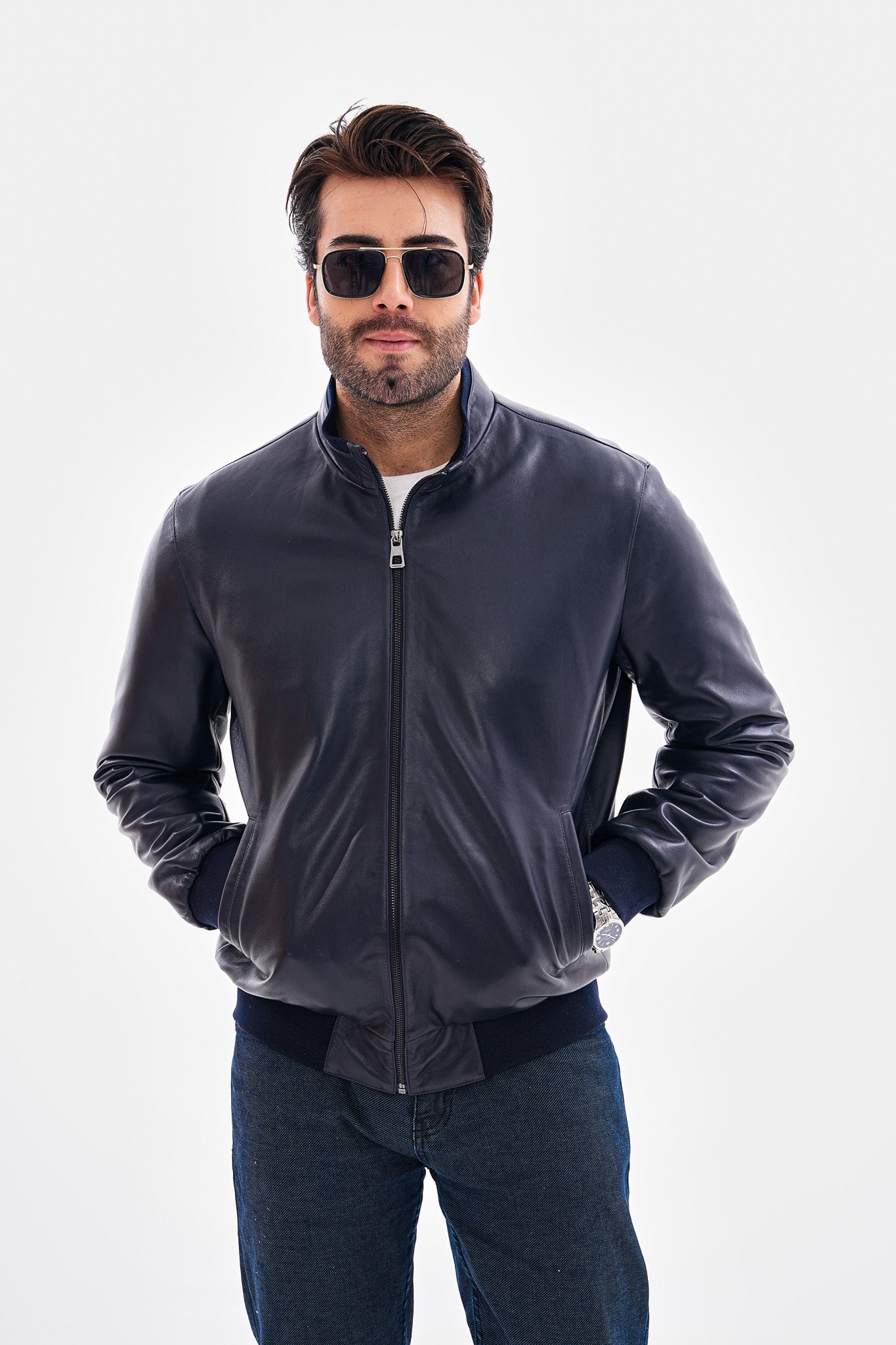 The Ardent Lambskin Leather Jacket – Navy Blue For Sale