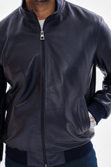 The Ardent Lambskin Leather Jacket – Navy Blue For Sale