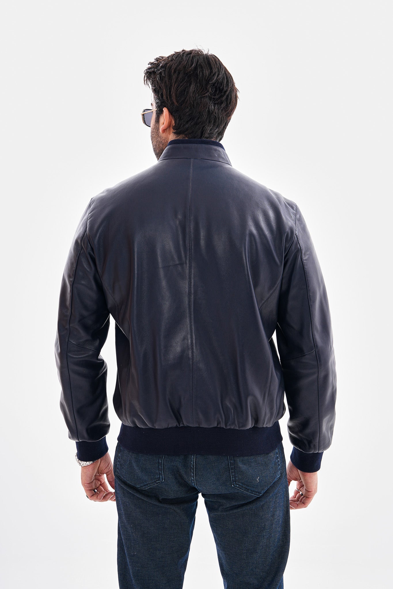 The Ardent Lambskin Leather Jacket – Navy Blue For Sale